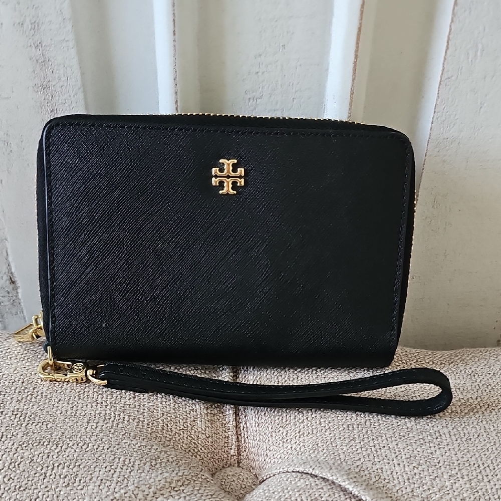 Tory Burch Black Wristlet with Gold Emblem